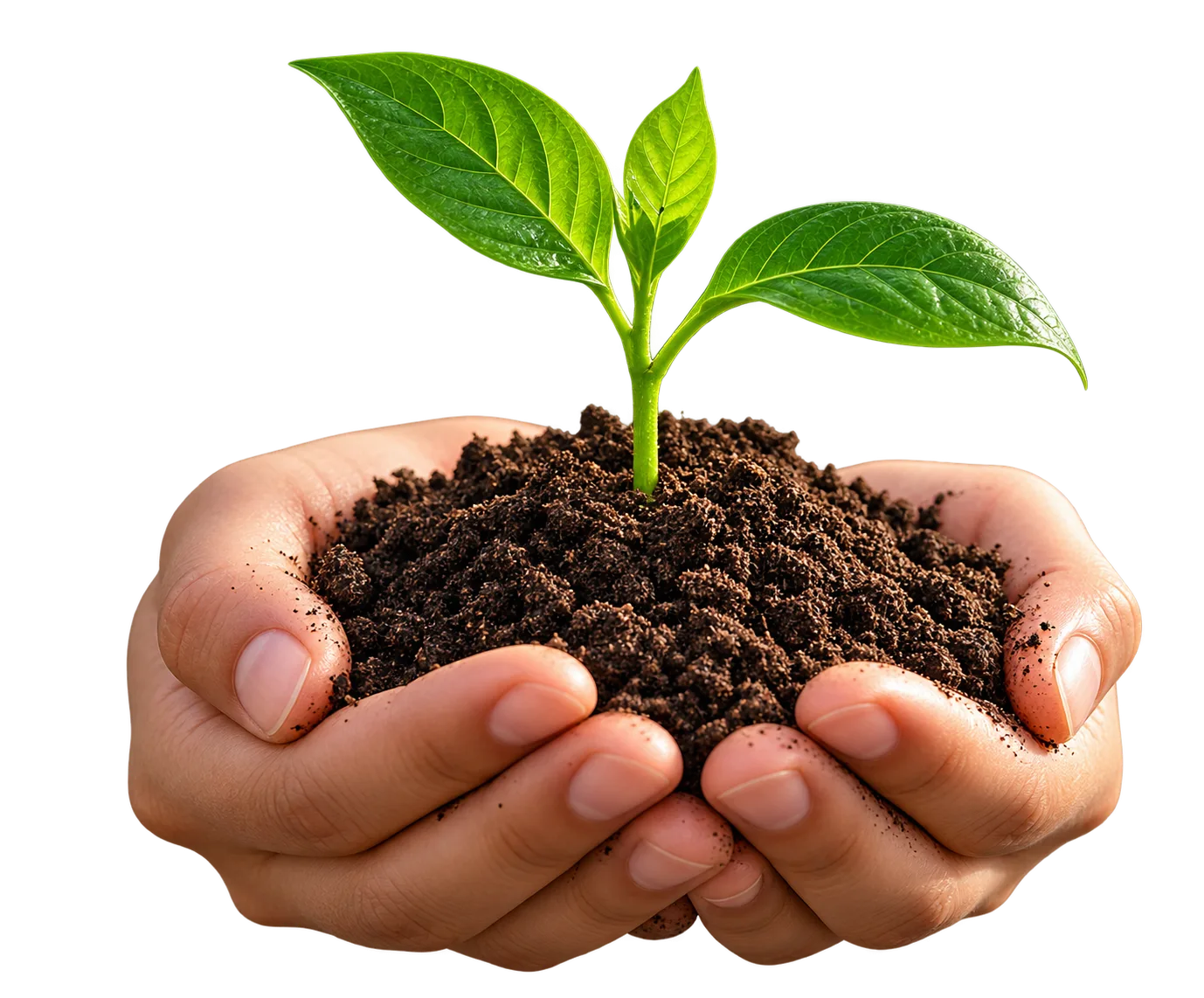 Hand holding fertile soil with fresh green seedling sprout